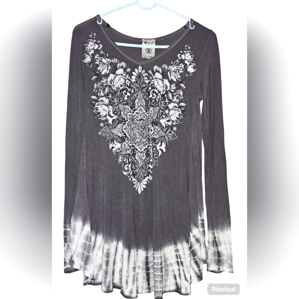 Vocal Women's Medium Hi-Lo Grey/White Ombre Tye-dye tunic